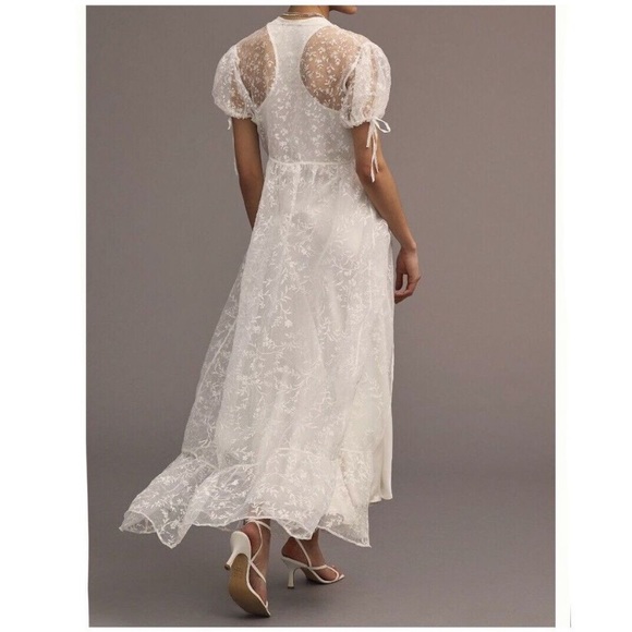 ANTHROPOLOGIE M SHEER SHORT-SLEEVE ORGANZA Coverup MAXI DRESS White $118 NWT Med - Picture 2 of 11